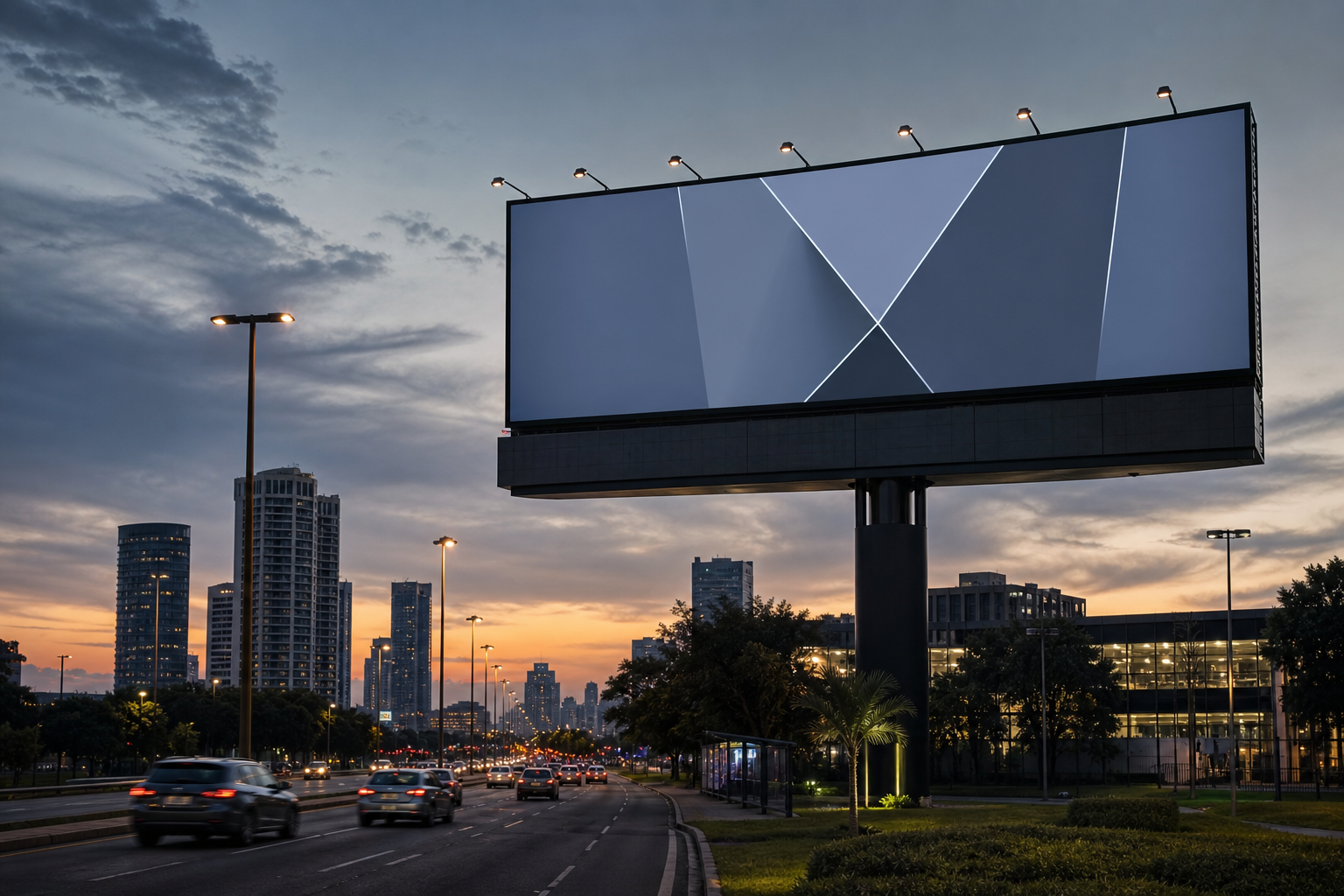 Telão de LED em avenida urbana ao entardecer