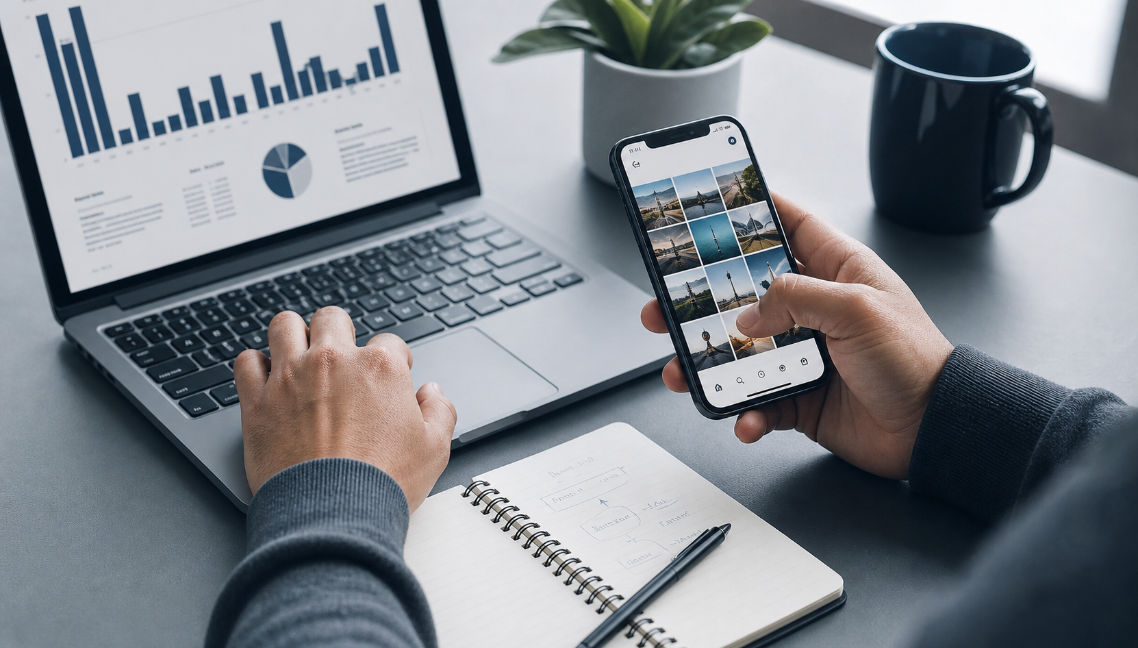 Mesa de trabalho com notebook e smartphone para gestão de redes sociais